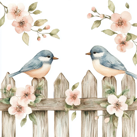 鸟木栅栏花卉插画