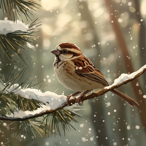 小棕雀雪松枝头栖息