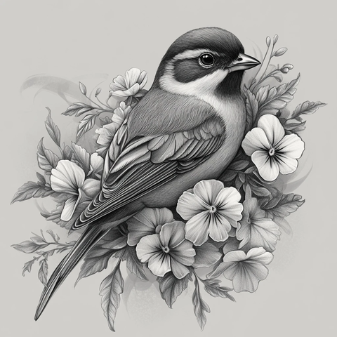 灰黑风格鹩哥与角堇花纹身