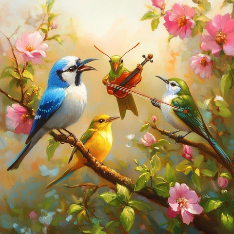 蓝鸟黄莺蜂鸟树枝合唱