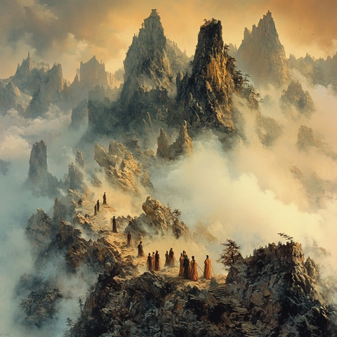 云雾缭绕群山中的一行人