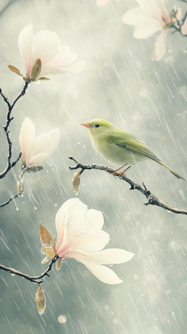 绿鸟抖雨枝上白玉兰
