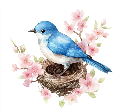 蓝鸟花朵巢穴水彩图案
