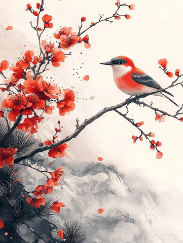 红花朵与翠鸟松枝图