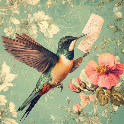 蜂鸟衔纸与复古花卉图案