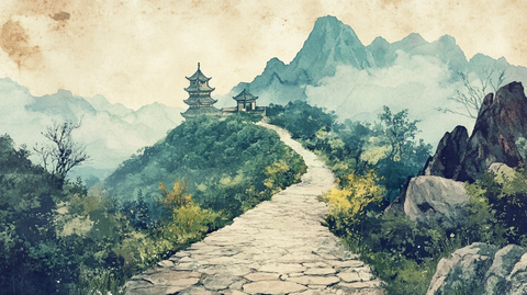 山间石径通向山顶古亭的唯美景象