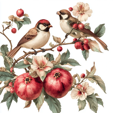 石榴苹果鸟插画