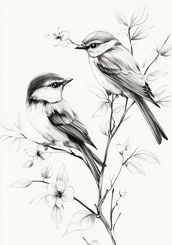 鸟儿栖息枝头花叶环绕