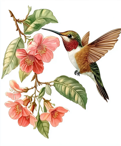 蜂鸟飞翔水彩画