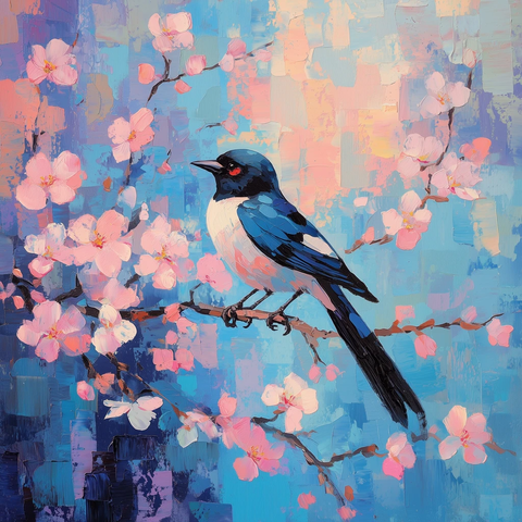 梅枝上的喜鹊与印象派风格