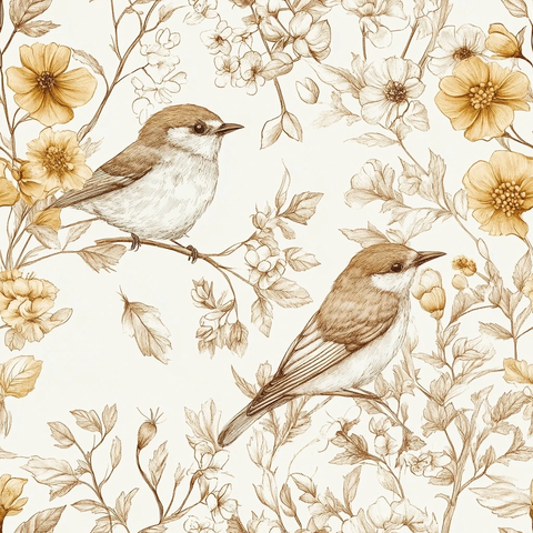 鸟与花卉细致插画