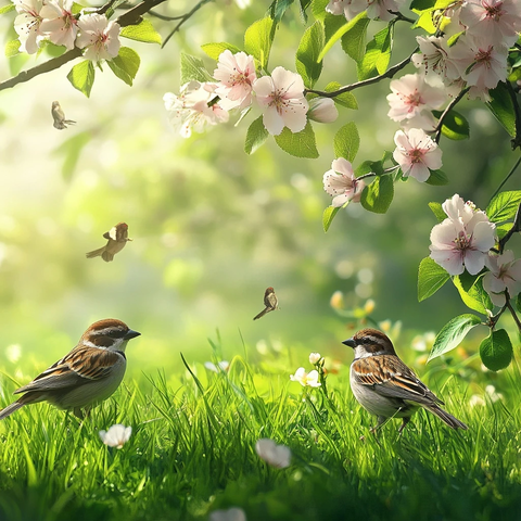 春日花朵绿草小鸟