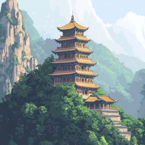 山间多层塔楼建筑风光