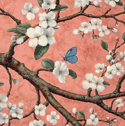 杏仁树白花绿叶蝴蝶