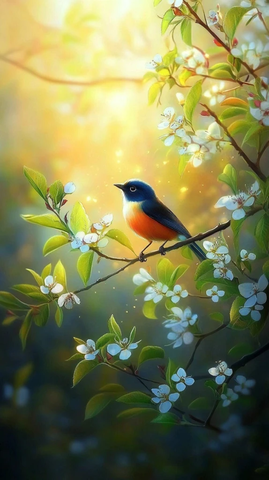 彩鸟栖息繁花绿叶间