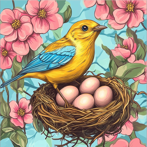 鸟蛋巢中粉花蓝黄配色