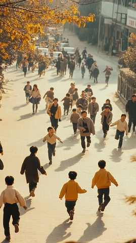 户外街道上一群孩子奔跑嬉戏的场景