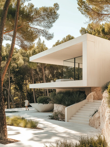 白混凝土别墅森林散步