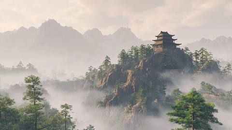 山间古亭云雾缭绕的自然风景