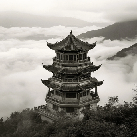 云雾缭绕中的中式多层塔楼全景