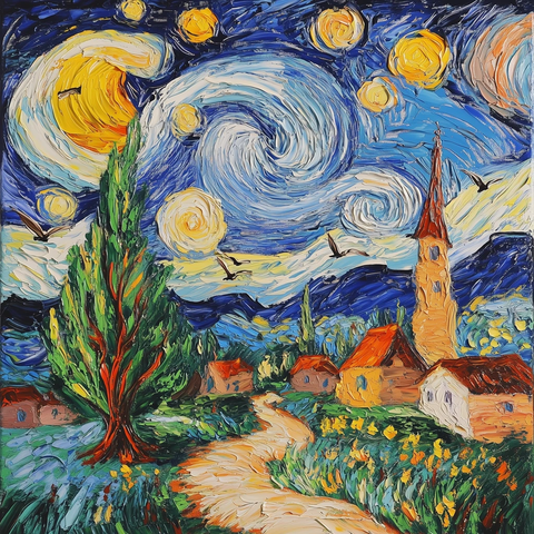 旋涡星空下的孤树与屋