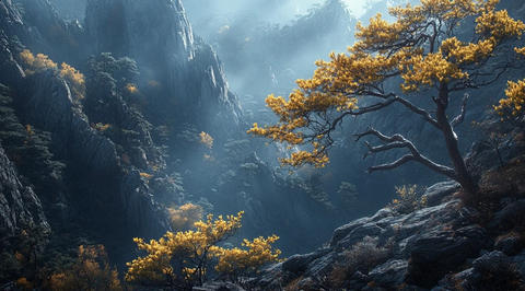 山间孤树与岩石的自然景观