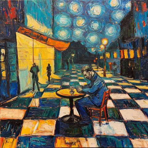 棋盘瓷砖与油画色彩交织