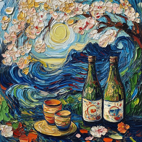 清酒瓶杯与樱花富士山