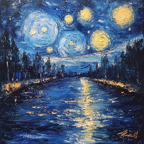 星夜河景油画