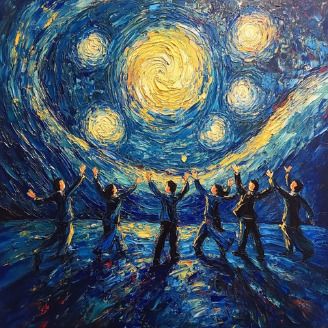 星空下微笑挥手的人群