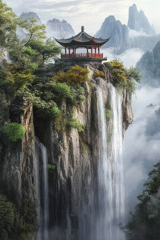 悬崖上的中式亭子与瀑布壮丽景致