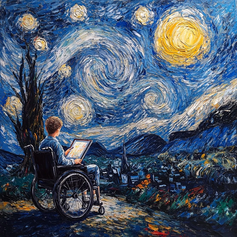 男孩夜晚轮椅上绘画
