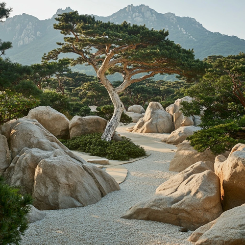 山林间石头小径与造型独特的松树景致