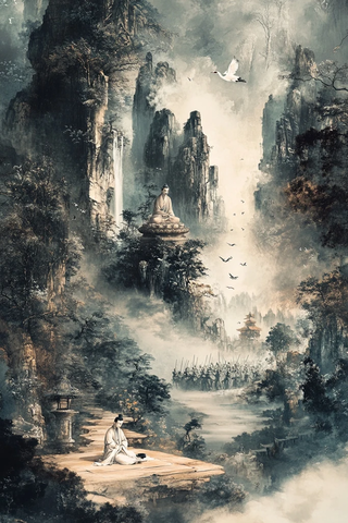 山间静坐之人与佛像的古风意境场景