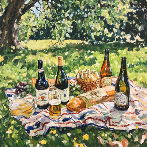 公园草地上的酒瓶与野餐毯