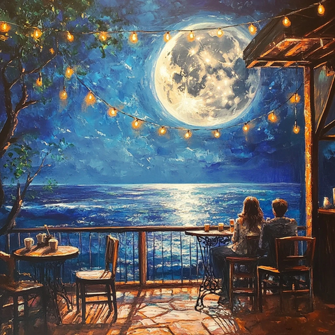 咖啡店海洋月夜景