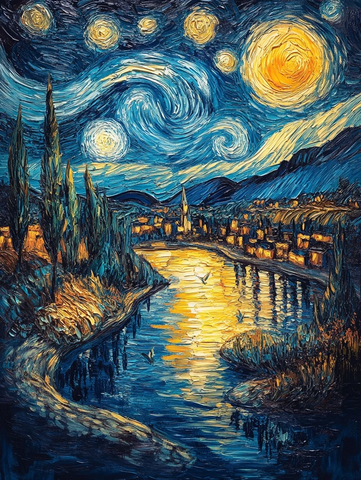 星夜山水墨画镶嵌艺术