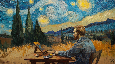 凡高坐桌前凝视星空