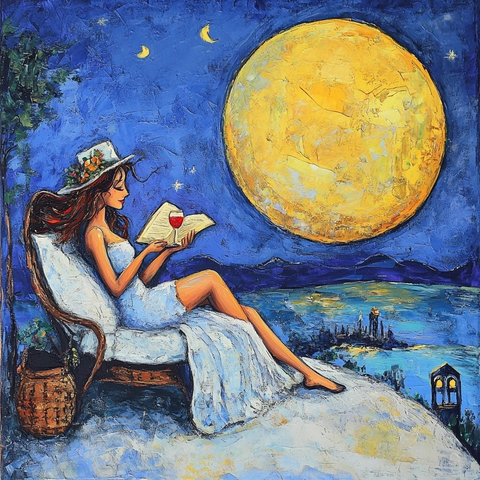 女人月上品酒读书画