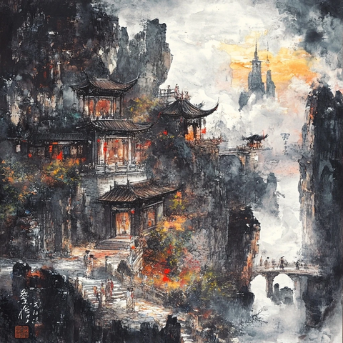 山间中式建筑景观与云雾缭绕的奇妙融合