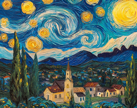 星空村庄教堂柏树远山