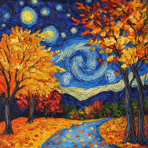 秋叶繁茂星夜画景