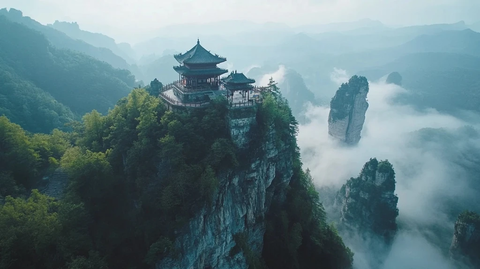 山间云雾中古建筑的壮观景象