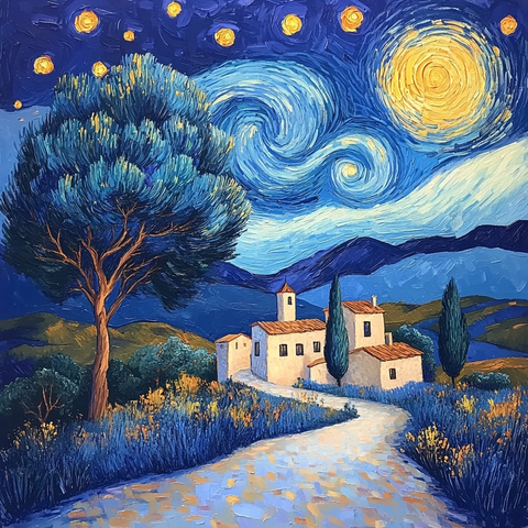 星空夜色村庄古树