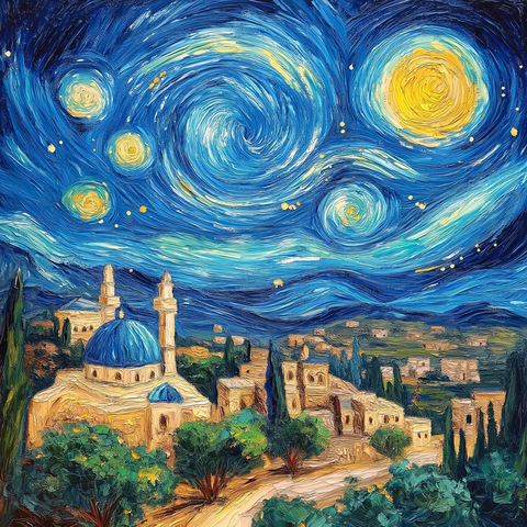 星夜下的橄榄树与石屋