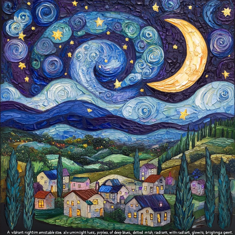 星夜村庄与月色映照