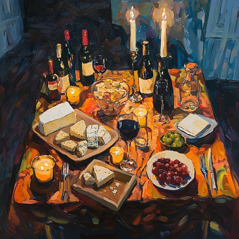 餐桌奶酪蜡烛红酒俯视图