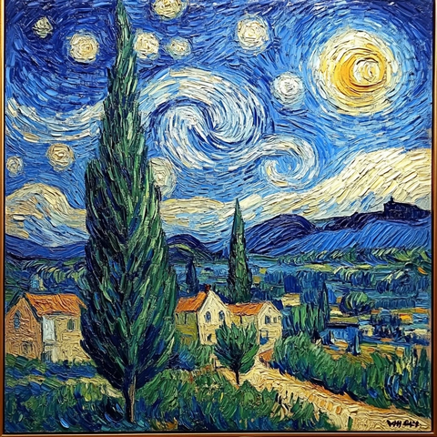 麦田与柏树风景画