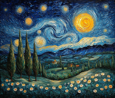 星空月光山林油彩画