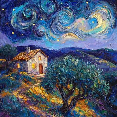 山坡上的橄榄树与小屋